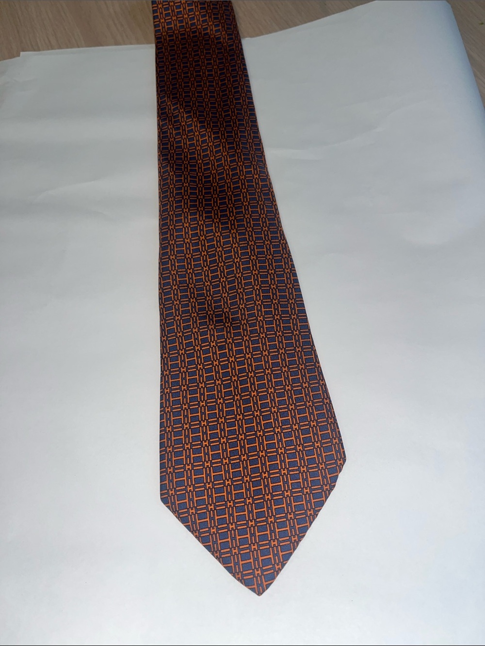 Hermes Orange and Blue Geometric Silk Tie